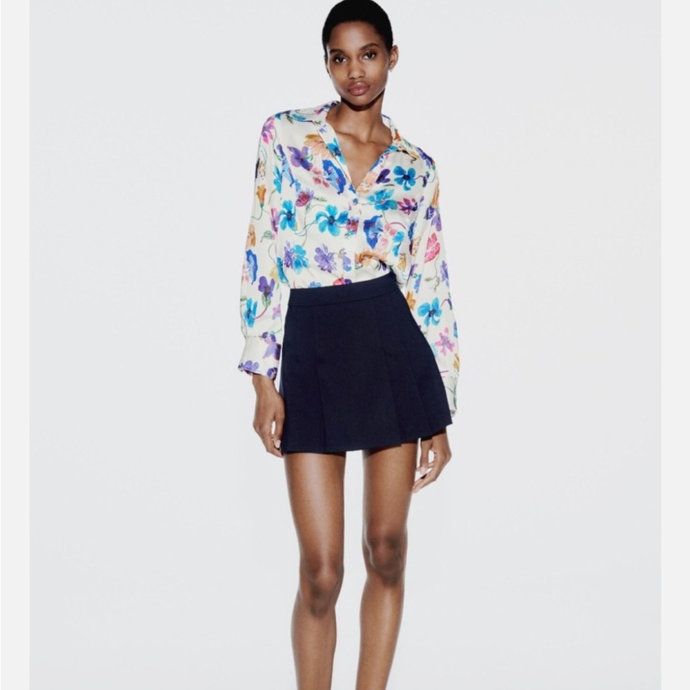 NWT ZARA SATIN FLORAL PRINT SHIRT BLOUSE TOP PINK PURPLE YELLOW